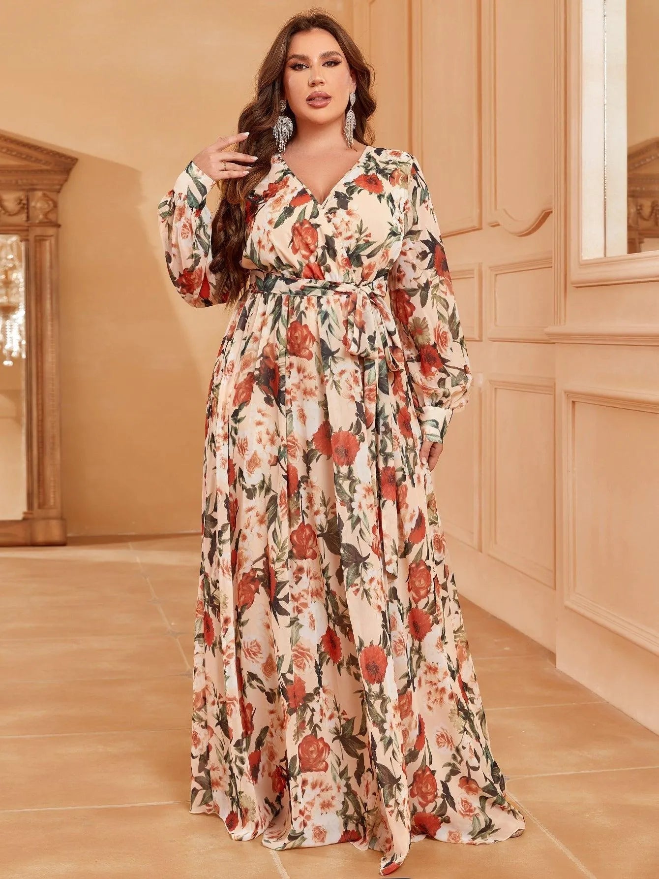 Plus V Neck Long Sleeve Floral Chiffon Belted Dress Apricot / 1XL Plus V Neck Long Sleeve Floral Chiffon Belted Dress Apricot / 1XL
