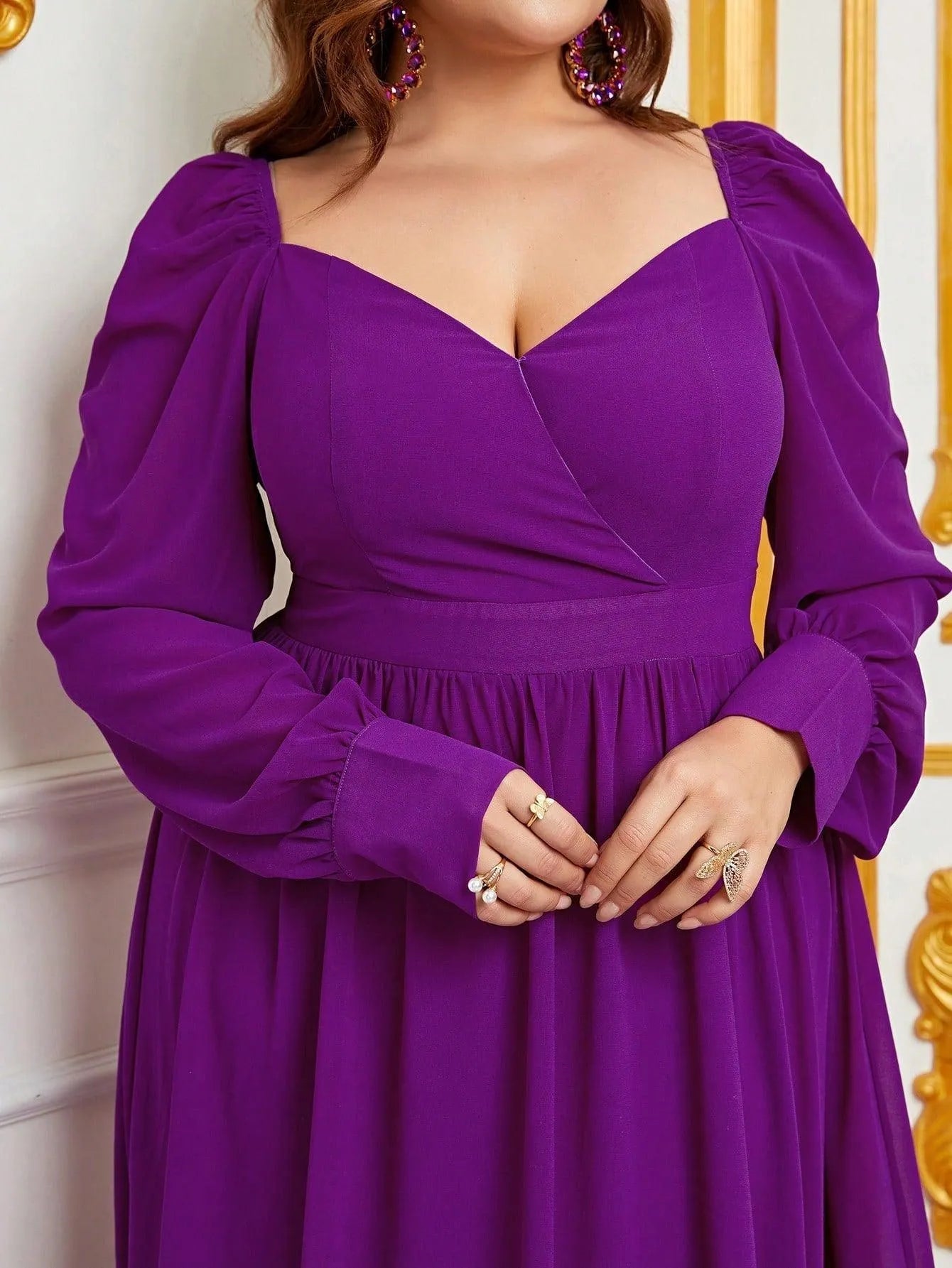 Plus Sweetheart Neck Backless Long Sleeve Chiffon A line Dress - Elonnashop