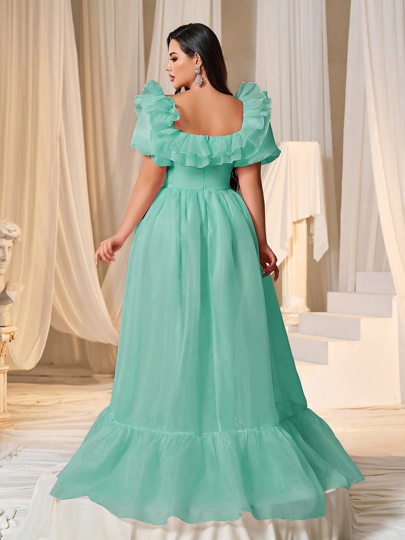 Plus Square Collar Ruffle Trim Puff Sleeves Organza Prom Dress Mint / 1XL Plus Square Collar Ruffle Trim Puff Sleeves Organza Prom Dress Mint / 1XL
