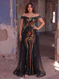 Plus Size Sequin Off-Shoulder Mermaid Maxi Dress with Sheer Overlay | Evening Gown with Diagonal Gradient Pattern | Formal Party & Prom Dress
