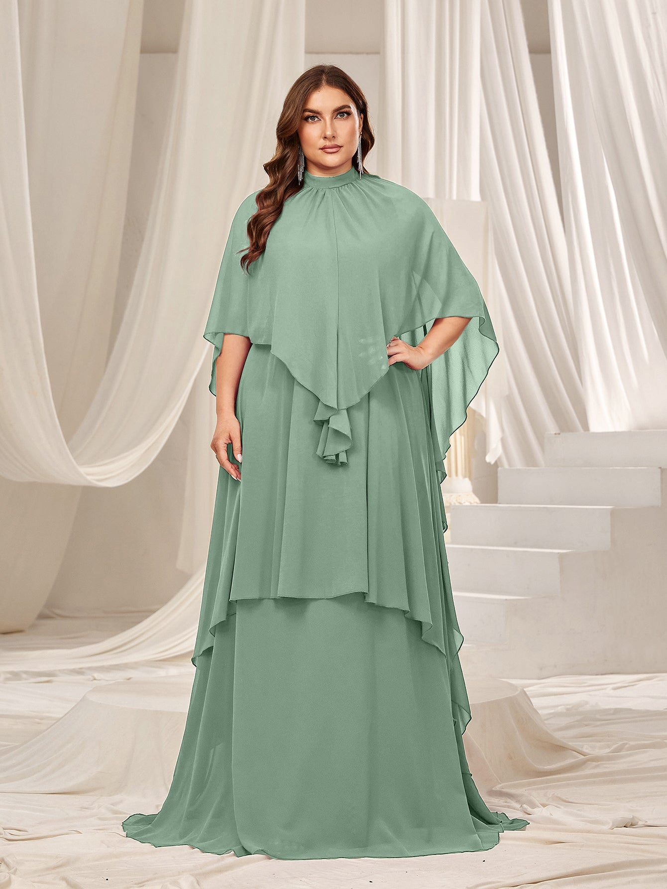 Plus Mock Neck Layered Hem Chiffon Evening Dress – Curvepretty