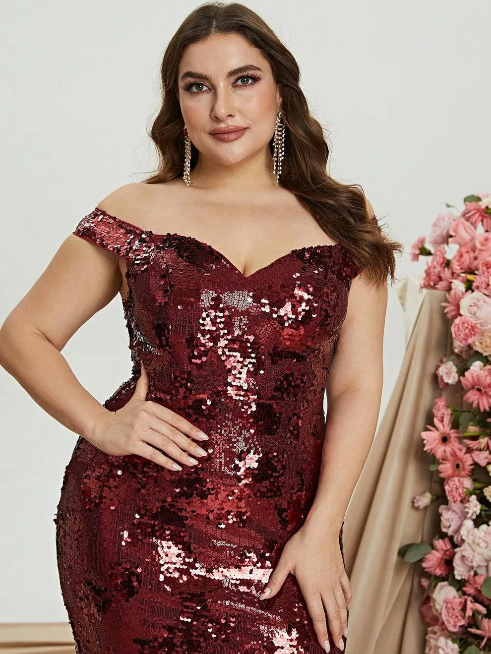 Plus Size Off Shoulder Slit Sequin Mermaid Dress - Elonnashop