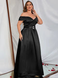 Plus Off Shoulder Buckle Belted Satin Ball Gown - Elonnashop