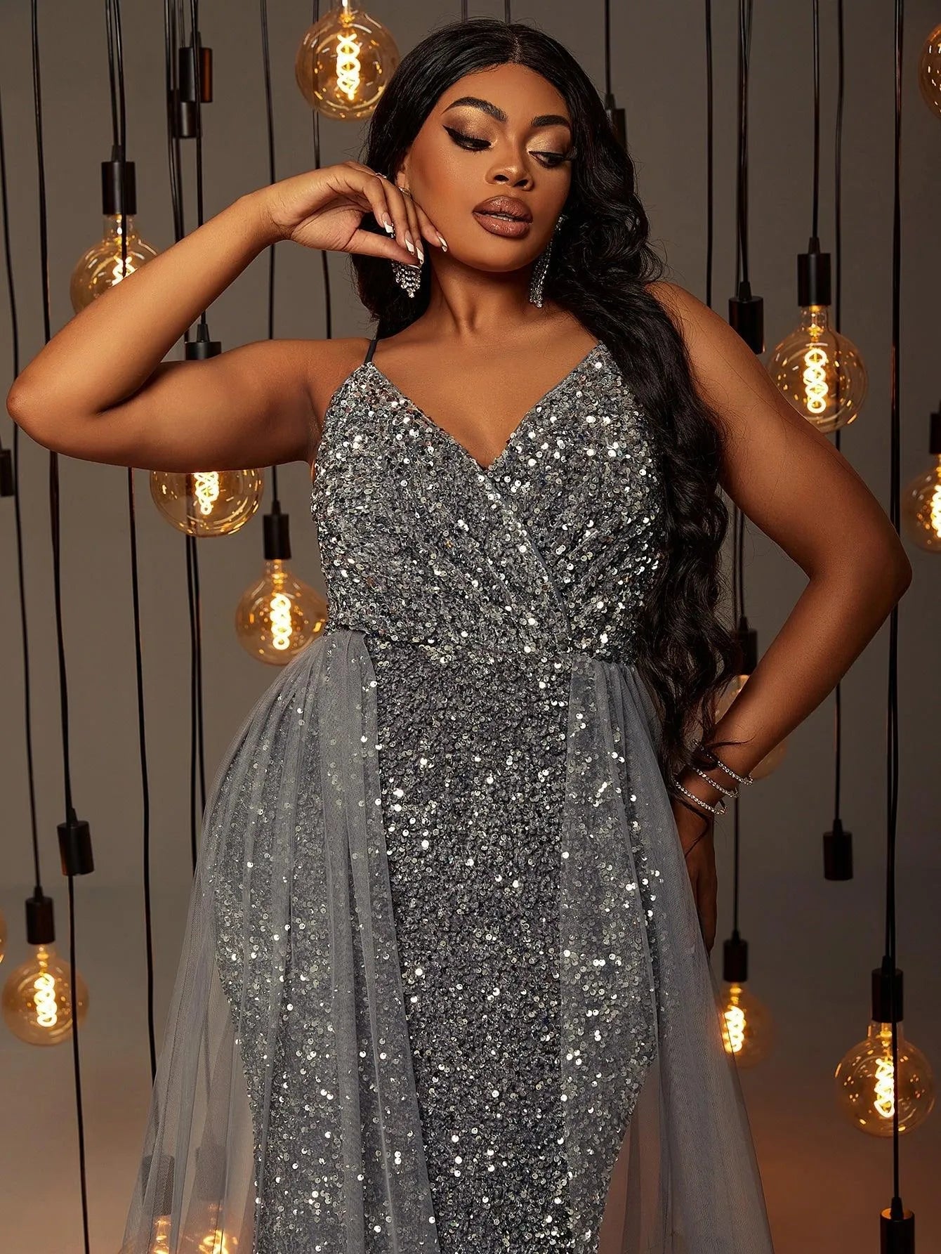 Plus Surplice Neck Mermaid Hem Cami Prom Dress - Elonnashop