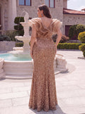 Plus Mesh Insert Ruffle Trim Split Sequin Formal Evening Dress