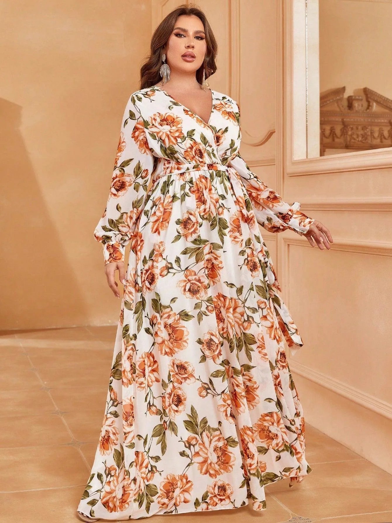 Plus V Neck Long Sleeve Floral Chiffon Dresses - Elonnashop