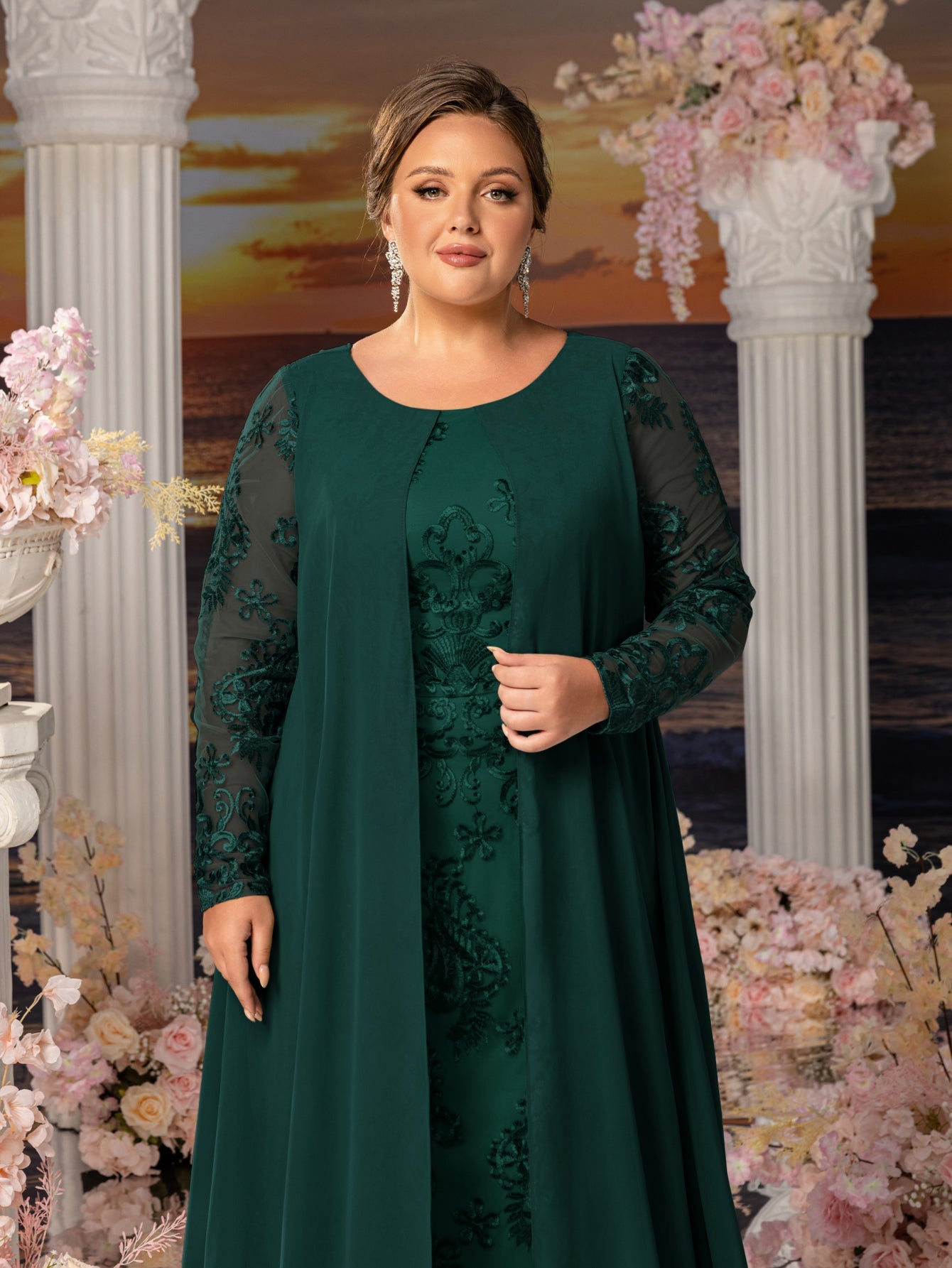 Plus Womens' Elegant Lace Mermaid Gown - Sheer Sleeves & Intricate Lace Patterns with Chiffon Overlay for Beach Weddings, Romantic Coastal Events