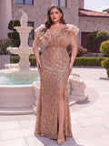 Plus Mesh Insert Ruffle Trim Split Sequin Formal Evening Dress