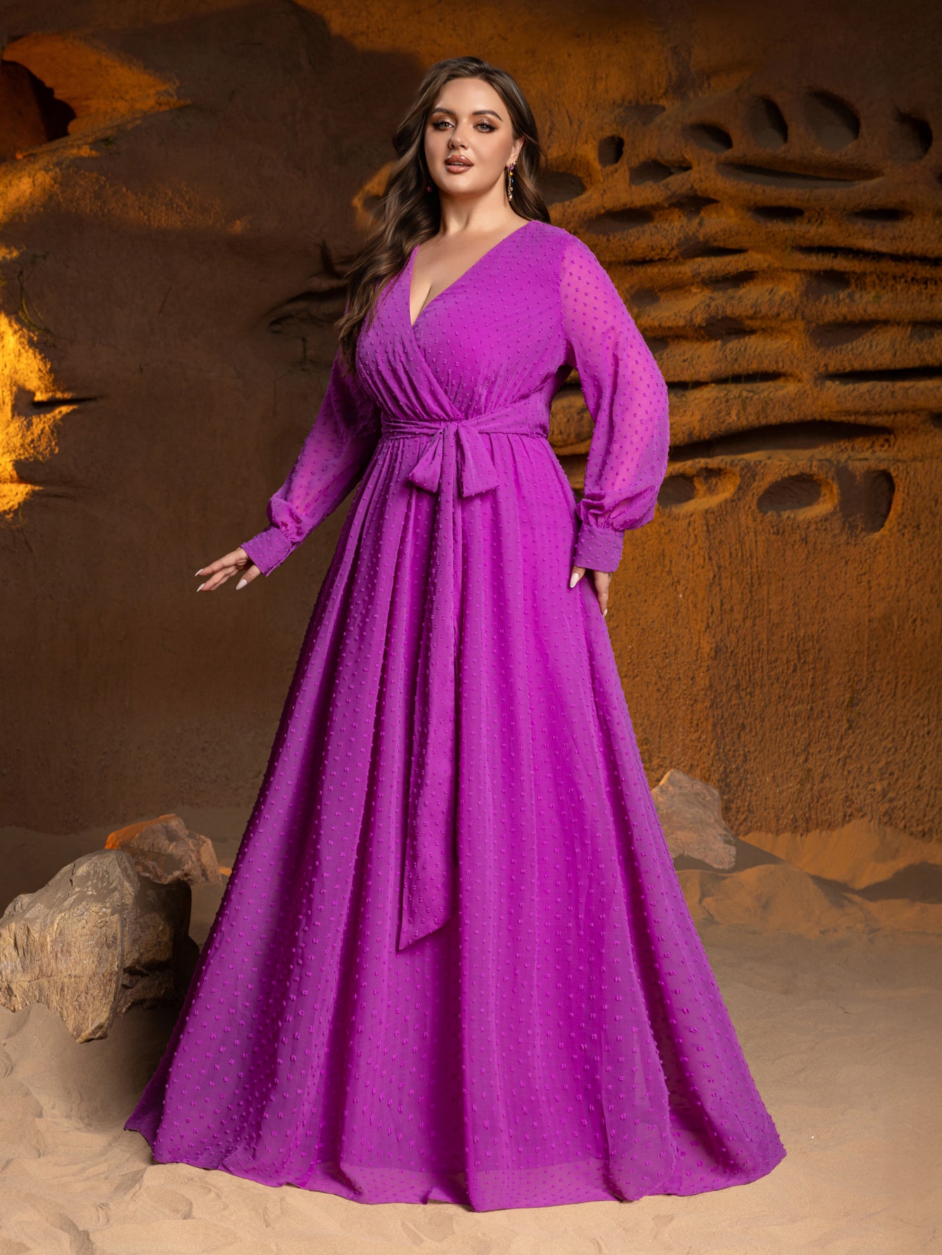 Plus Surplice Neck Long Sleeves Swiss Dot Belted Chiffon Party Dress