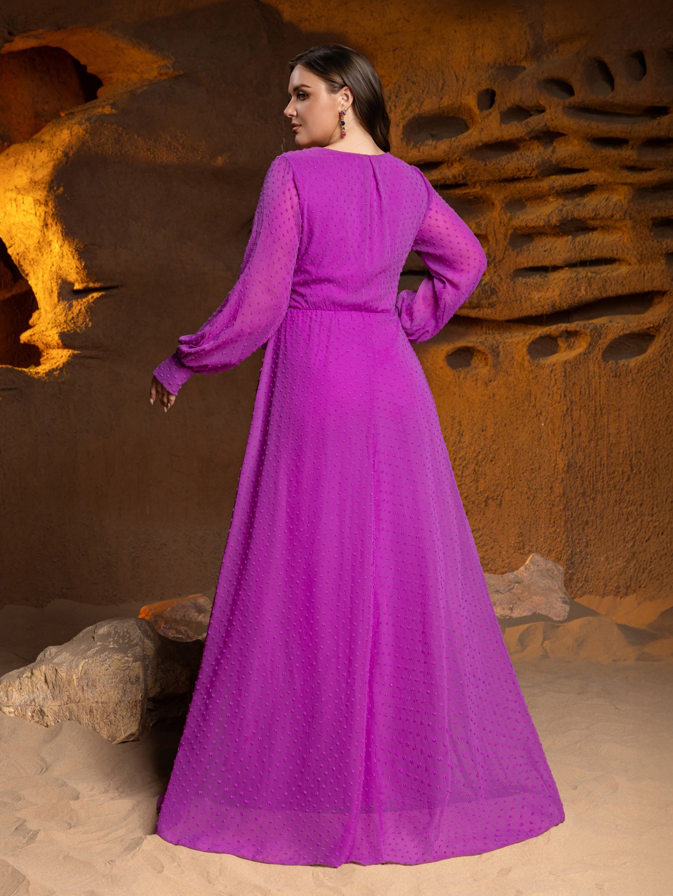 Plus Surplice Neck Long Sleeves Swiss Dot Belted Chiffon Party Dress – Curvepretty