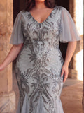 Plus Butterfly Sleeves Mermaid Hem Graphic Sequin Formal Dress