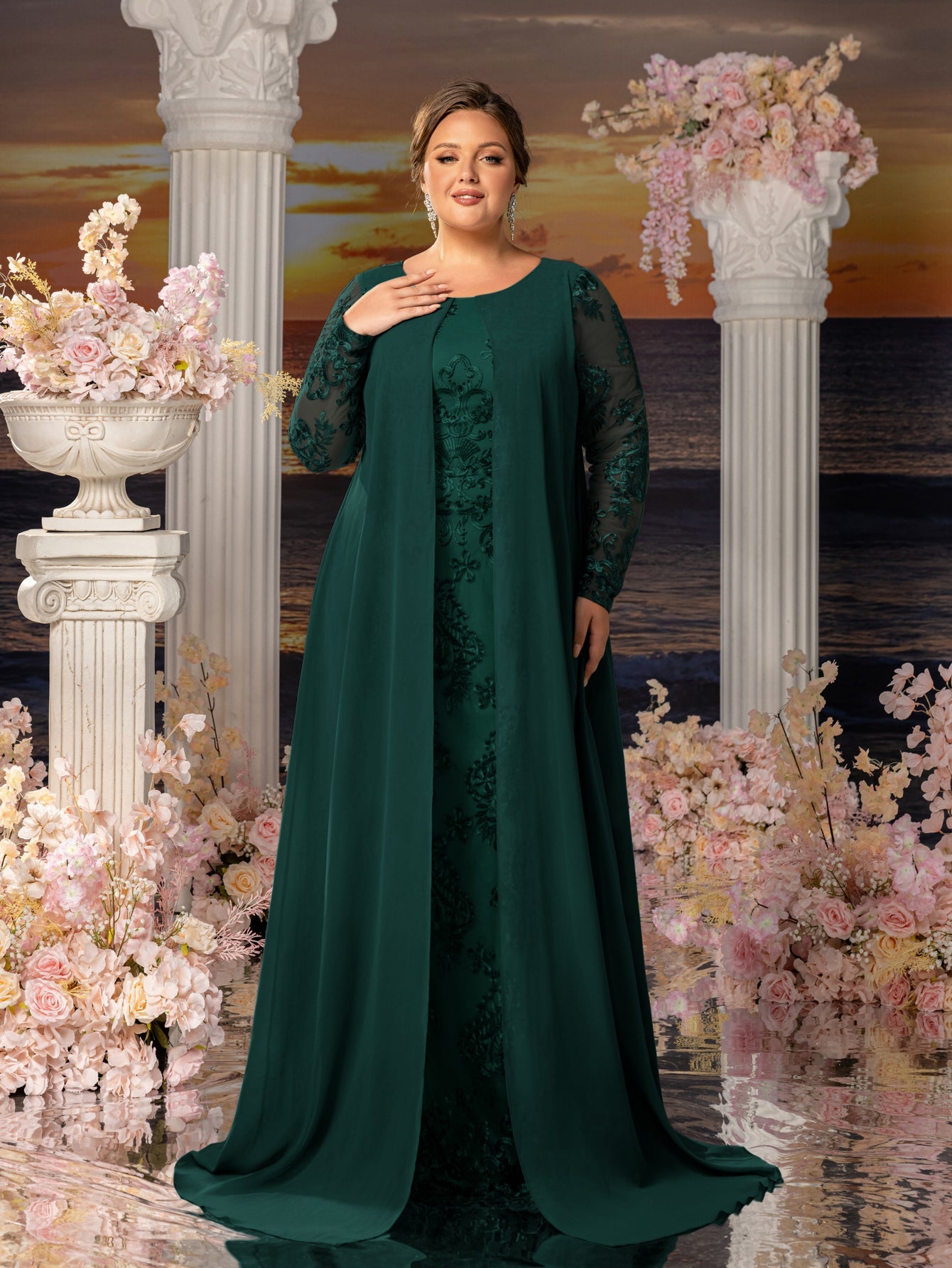 Plus Womens' Elegant Lace Mermaid Gown - Sheer Sleeves & Intricate Lace Patterns with Chiffon Overlay for Beach Weddings, Romantic Coastal Events
