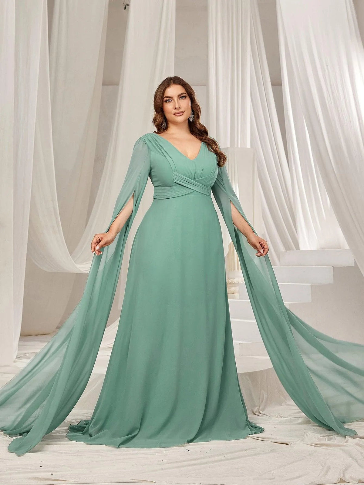 Plus Solid Ruched Front Extra-Long Sleeves Chiffon Prom Dress - Elonnashop