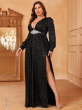 Plus Rhinestone Decor Plunging Neck Sequin Slit Dress - Elonnashop