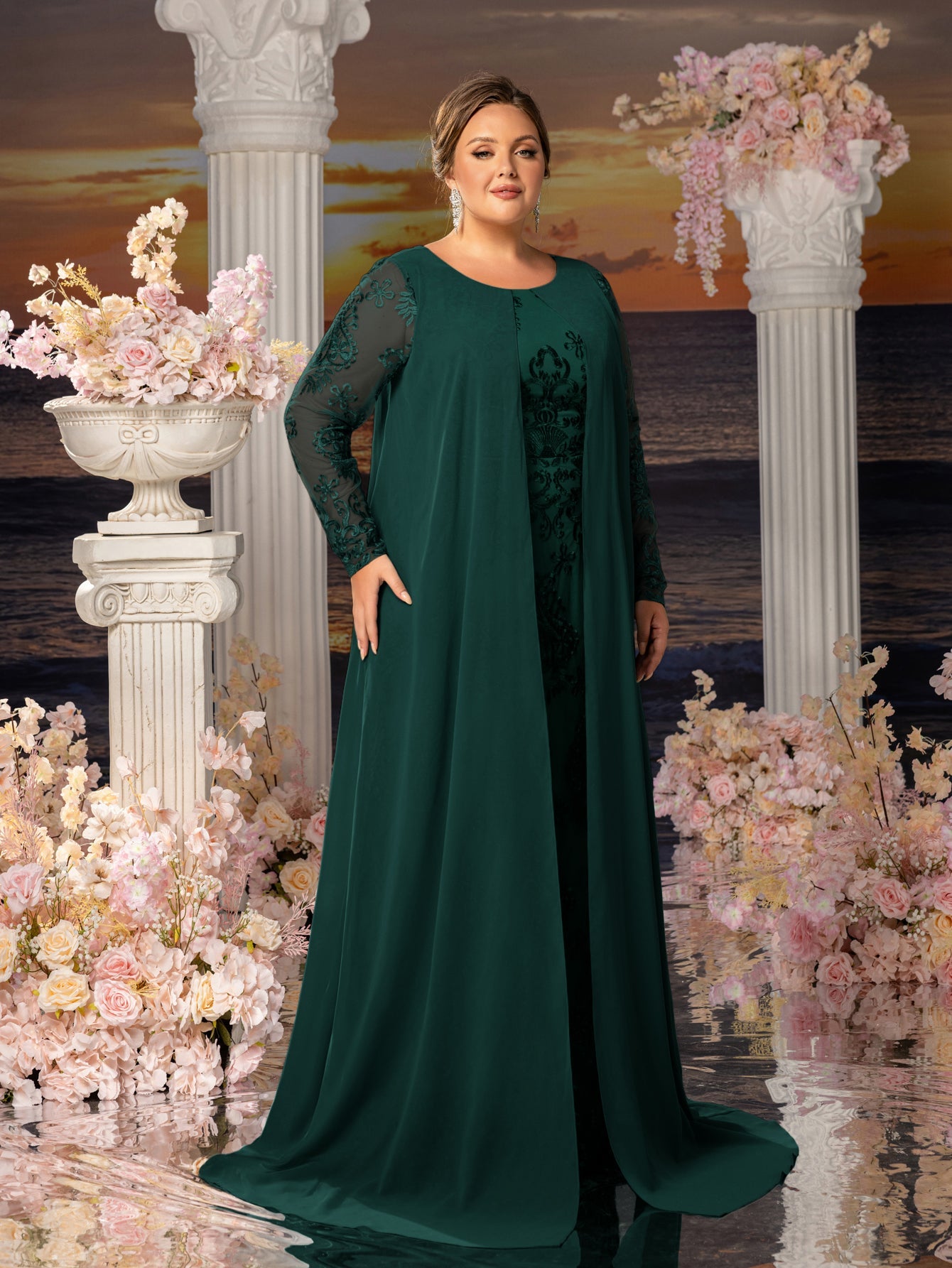 Plus Womens' Elegant Lace Mermaid Gown - Sheer Sleeves & Intricate Lace Patterns with Chiffon Overlay for Beach Weddings, Romantic Coastal Events