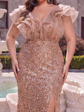 Plus Mesh Insert Ruffle Trim Split Sequin Formal Evening Dress