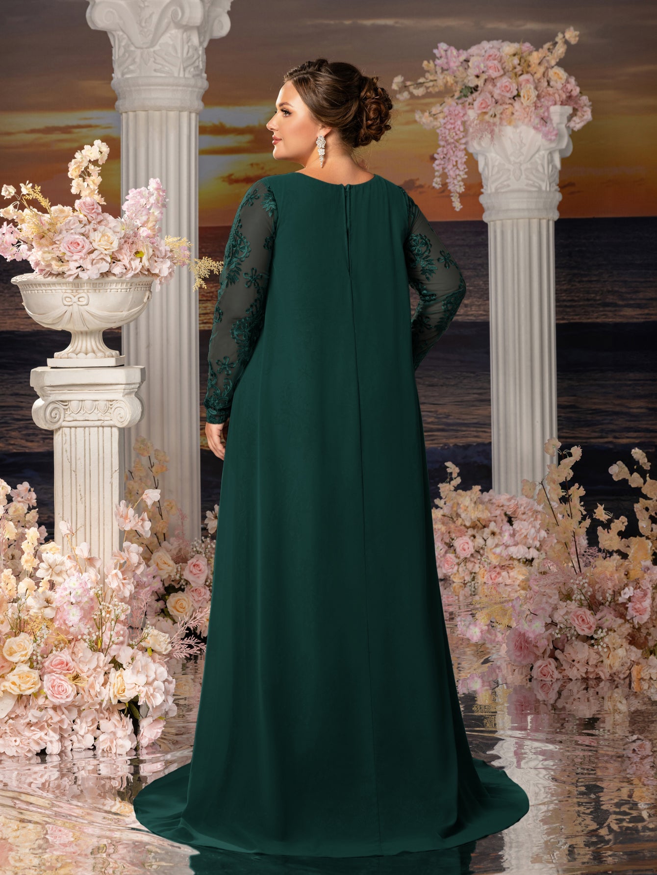 Plus Womens' Elegant Lace Mermaid Gown - Sheer Sleeves & Intricate Lace Patterns with Chiffon Overlay for Beach Weddings, Romantic Coastal Events