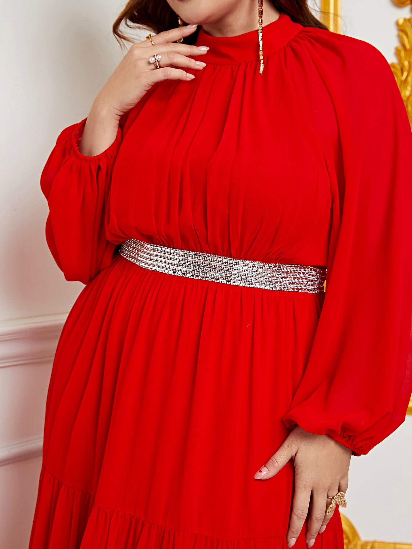 Plus Chiffon Mock Neck Evening Gown with Tiered Ruffles Structured Red / 2XL Plus Chiffon Mock Neck Evening Gown with Tiered Ruffles Structured Red / 2XL