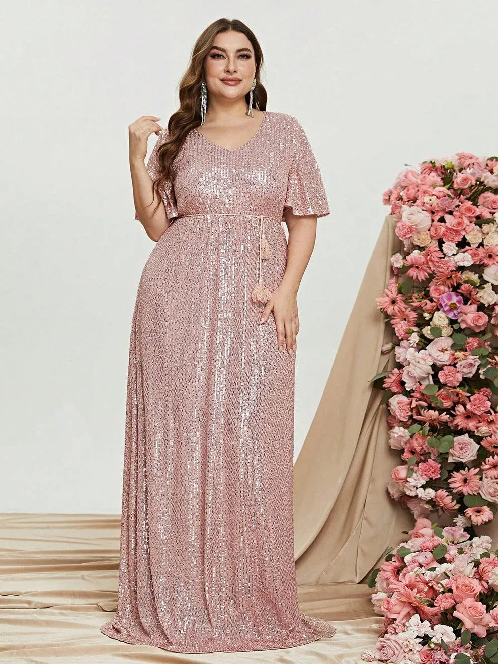 Plus Butterfly Sleeve Sequin Prom Dress - Elonnashop