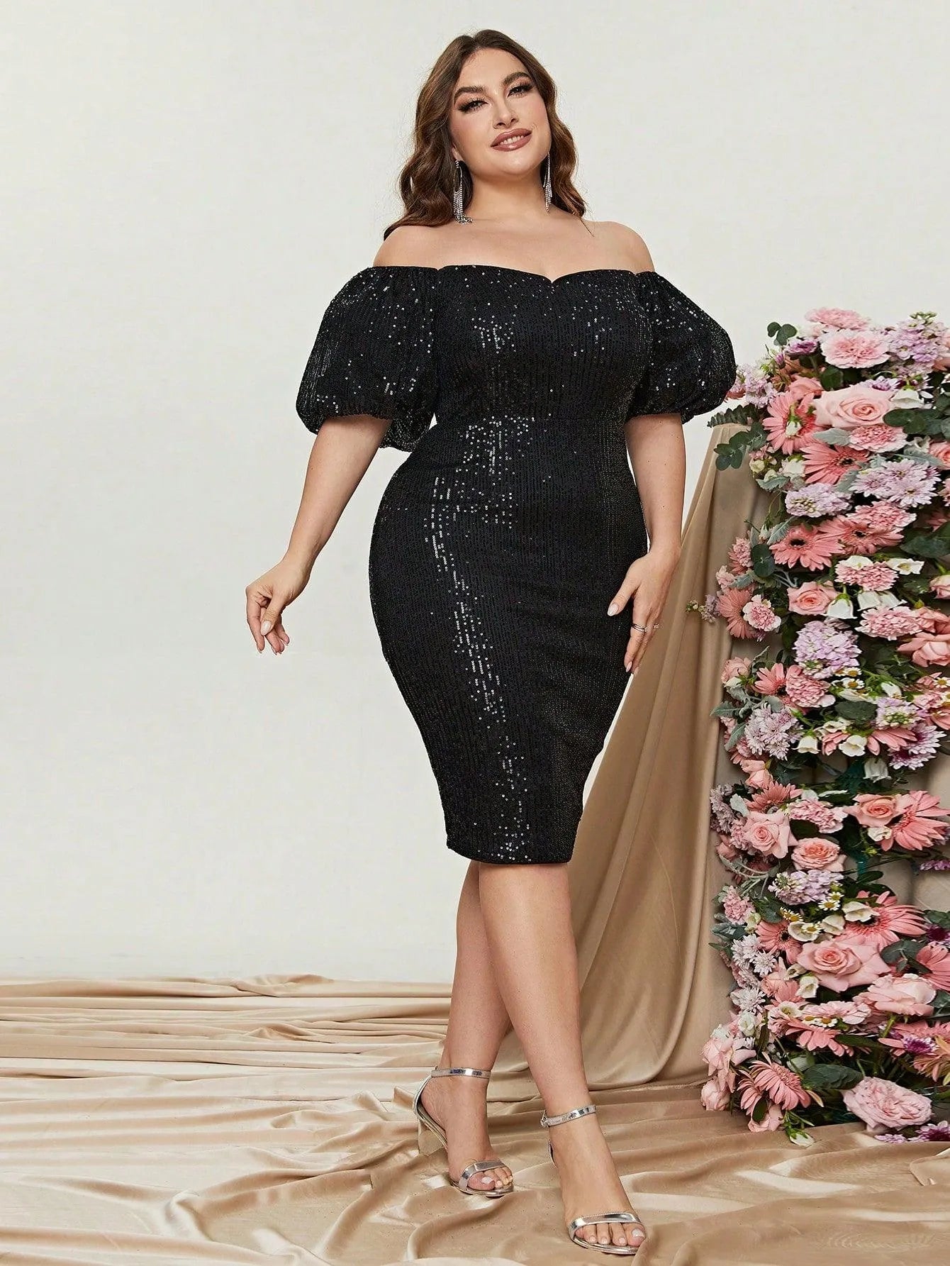 Plus Off Shoulder Puff Sleeves Sequin Midi Dress Black / 3XL Plus Off Shoulder Puff Sleeves Sequin Midi Dress Black / 3XL