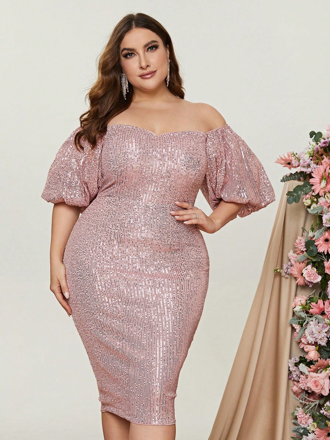 Plus Off Shoulder Puff Sleeves Sequin Midi Dress