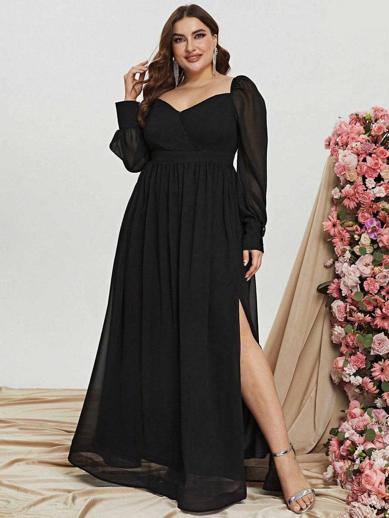 Plus Sweetheart Neck Backless Long Sleeve Chiffon A line Dress