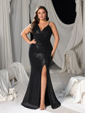 Plus Asymmetrical Neck Split Thigh Sequin Prom Dress