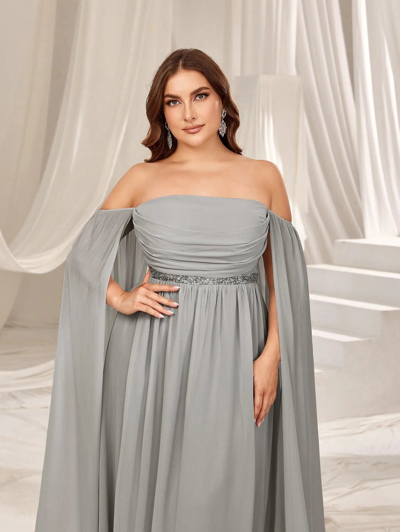 Plus Off Shoulder Extra-Long Sleeves Chiffon Prom Dress Grey / 1XL Plus Off Shoulder Extra-Long Sleeves Chiffon Prom Dress Grey / 1XL