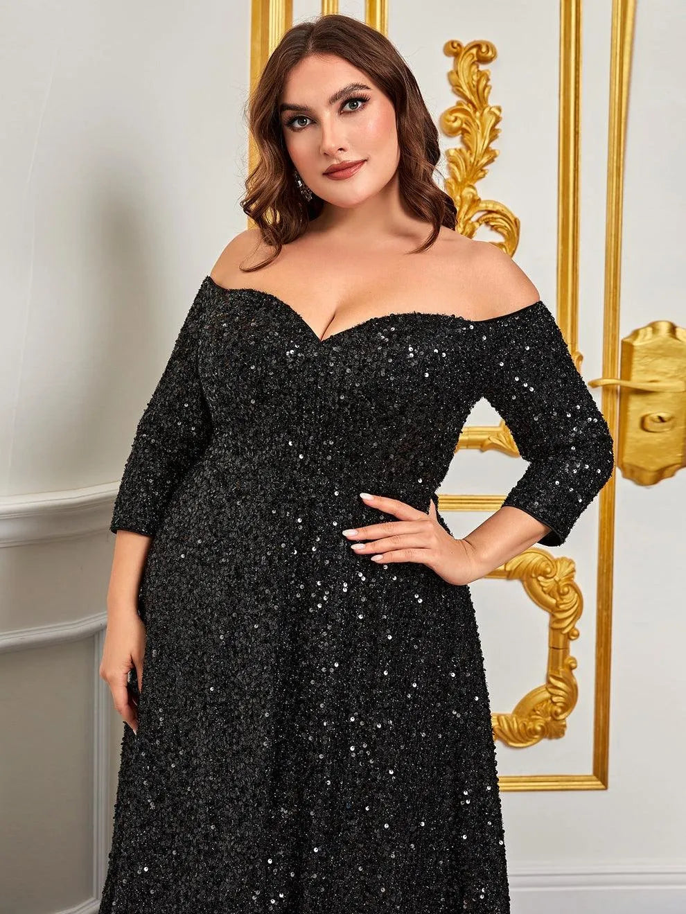 Plus Off Shoulder 3/4 Sleeves Sequin A Line Dress Black / 5XL Plus Off Shoulder 3/4 Sleeves Sequin A Line Dress Black / 5XL