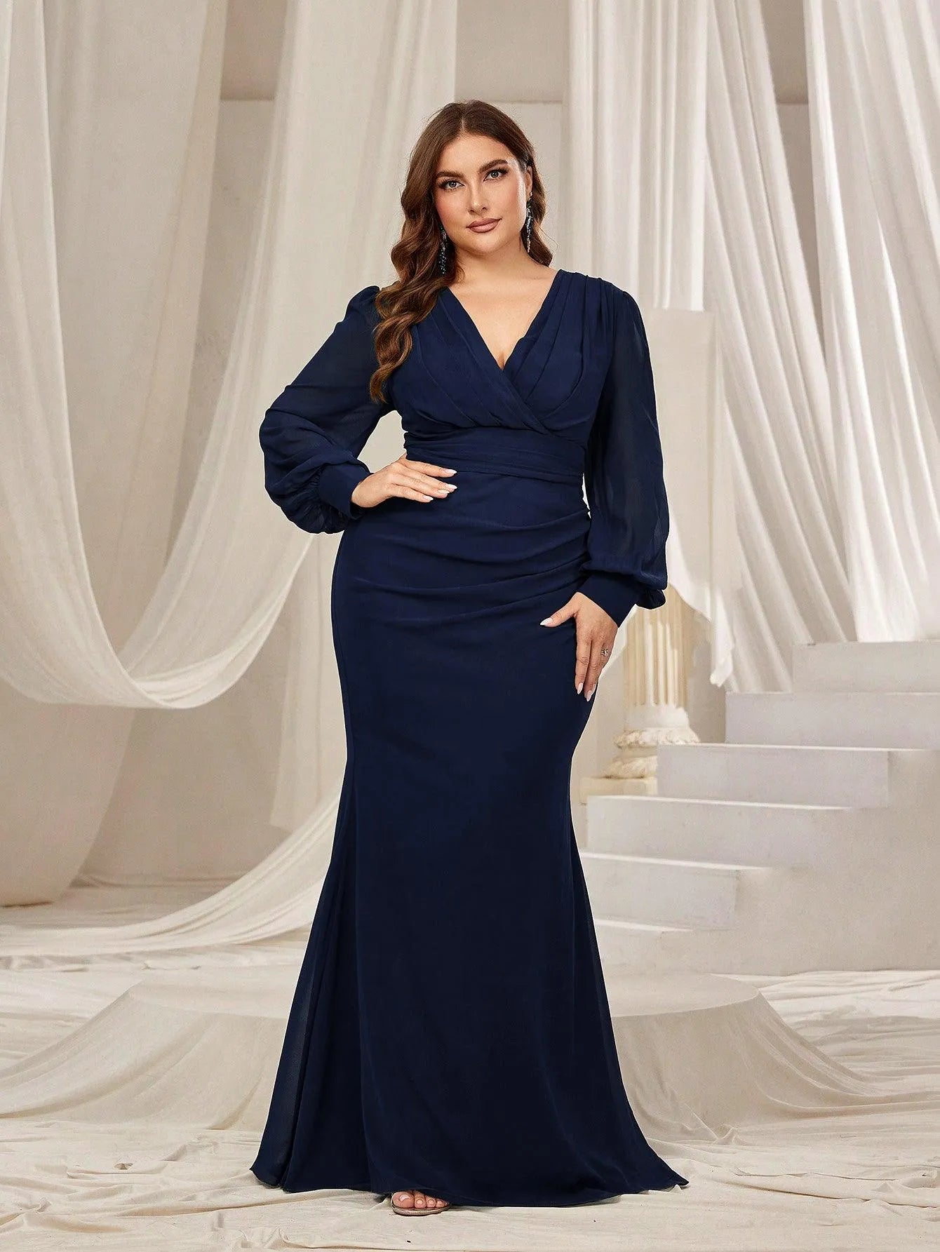 Plus Surplice Neck Lantern Sleeves Chiffon Formal Mermaid Dress - Elonnashop