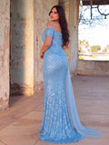 Plus Off Shoulder Sweetheart Neck Split Thigh Sequin Party Dress