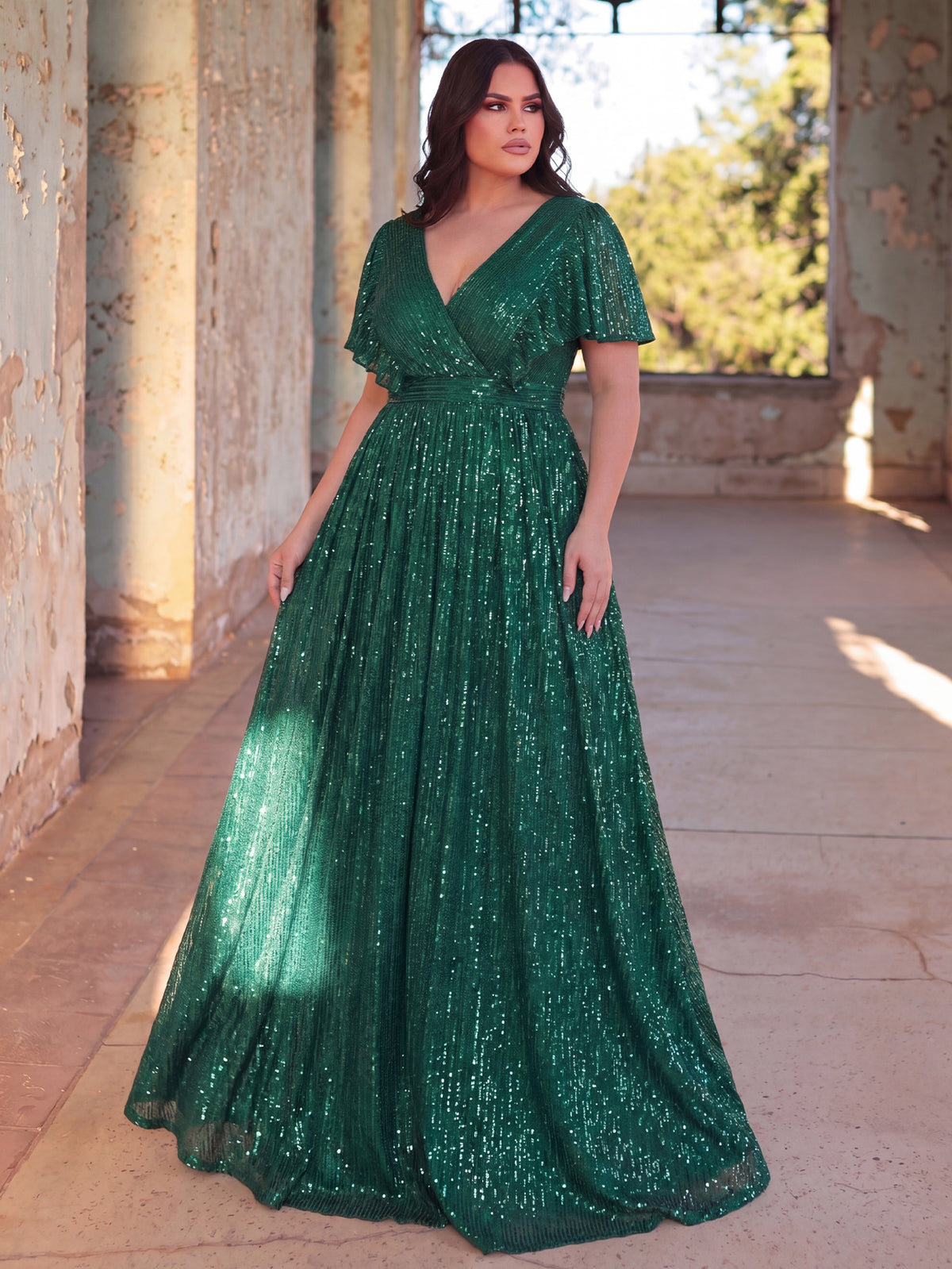 Plus V Neck Ruffle Trim Sequin Formal Dresses