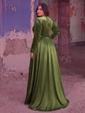 Plus V Neck Long Sleeve Belted Satin A Line Dress