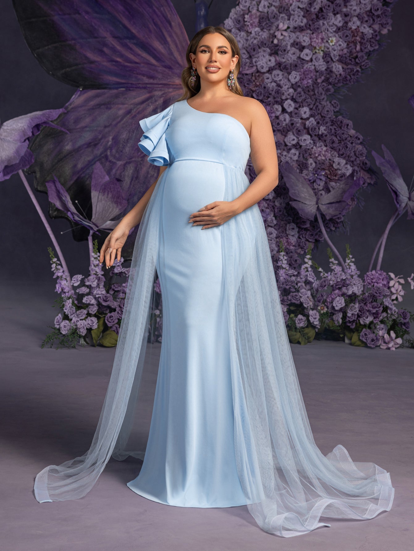 Maternity Plus Evening Gown with Asymmetrical Ruffle Neckline & Tulle Light Blue / 1XL Maternity Plus Evening Gown with Asymmetrical Ruffle Neckline & Tulle Light Blue / 1XL
