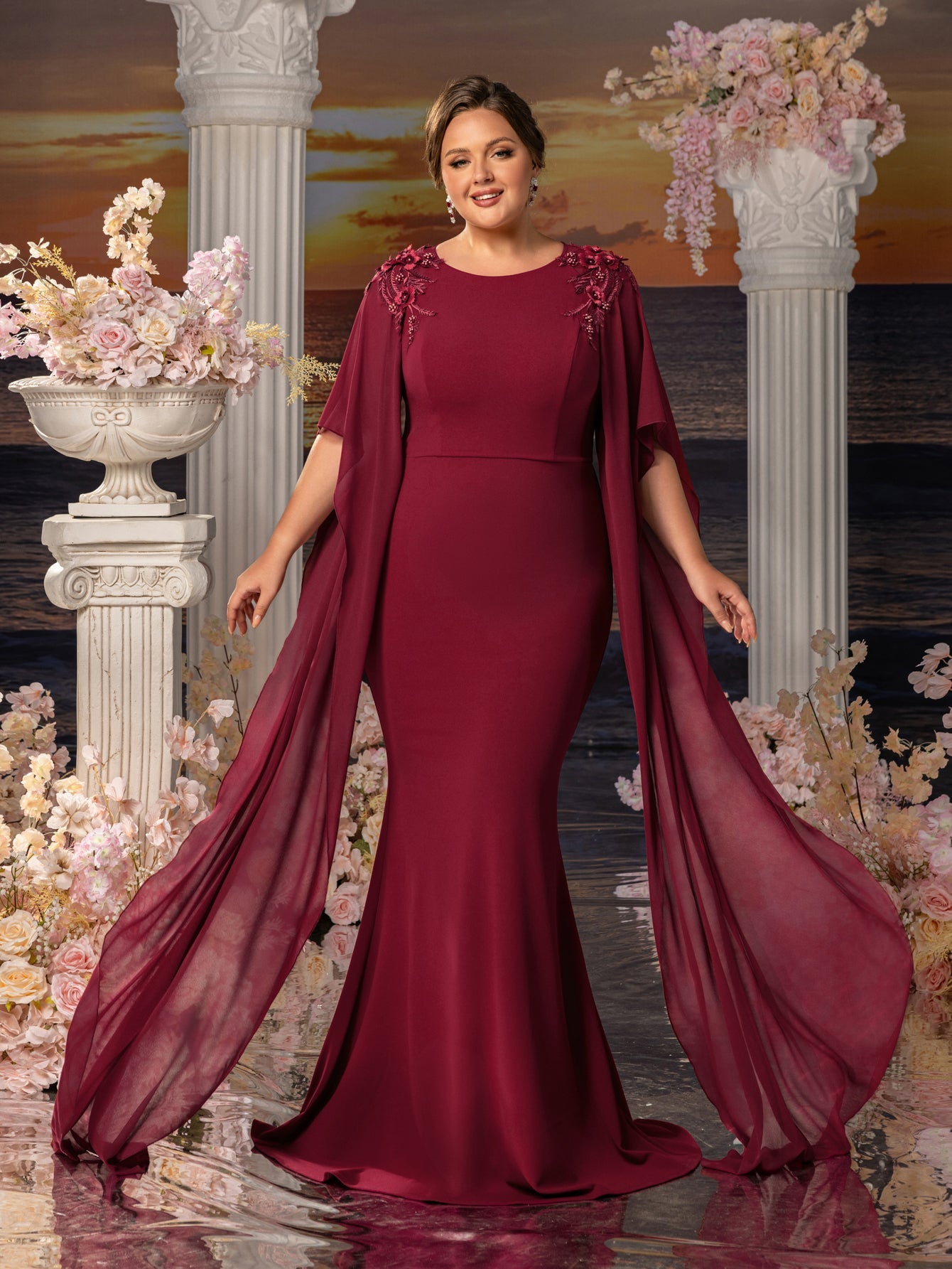 Plus Womens' Mermaid Silhouette Formal Dress with Flared Chiffon Slee Curvepretty Plus Womens' Mermaid Silhouette Formal Dress with Flared Chiffon Slee Curvepretty