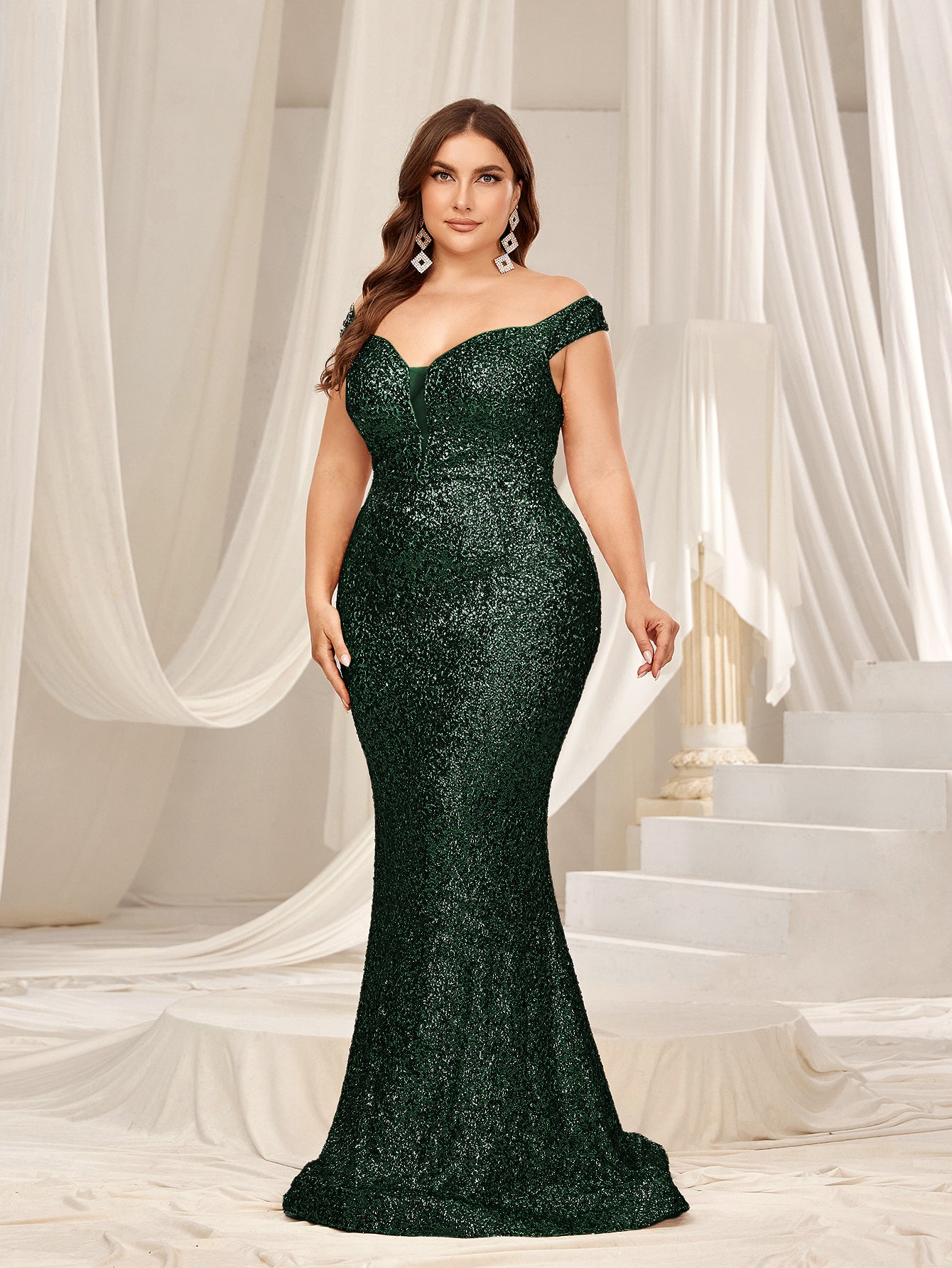 Plus Off Shoulder Mermaid Hem Sequin Evening Dress with Side Slit Champagne / 1XL Plus Off Shoulder Mermaid Hem Sequin Evening Dress with Side Slit Champagne / 1XL