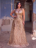 Plus Floral Sequin V Neck Sleeveless A-Line Formal Prom Dress