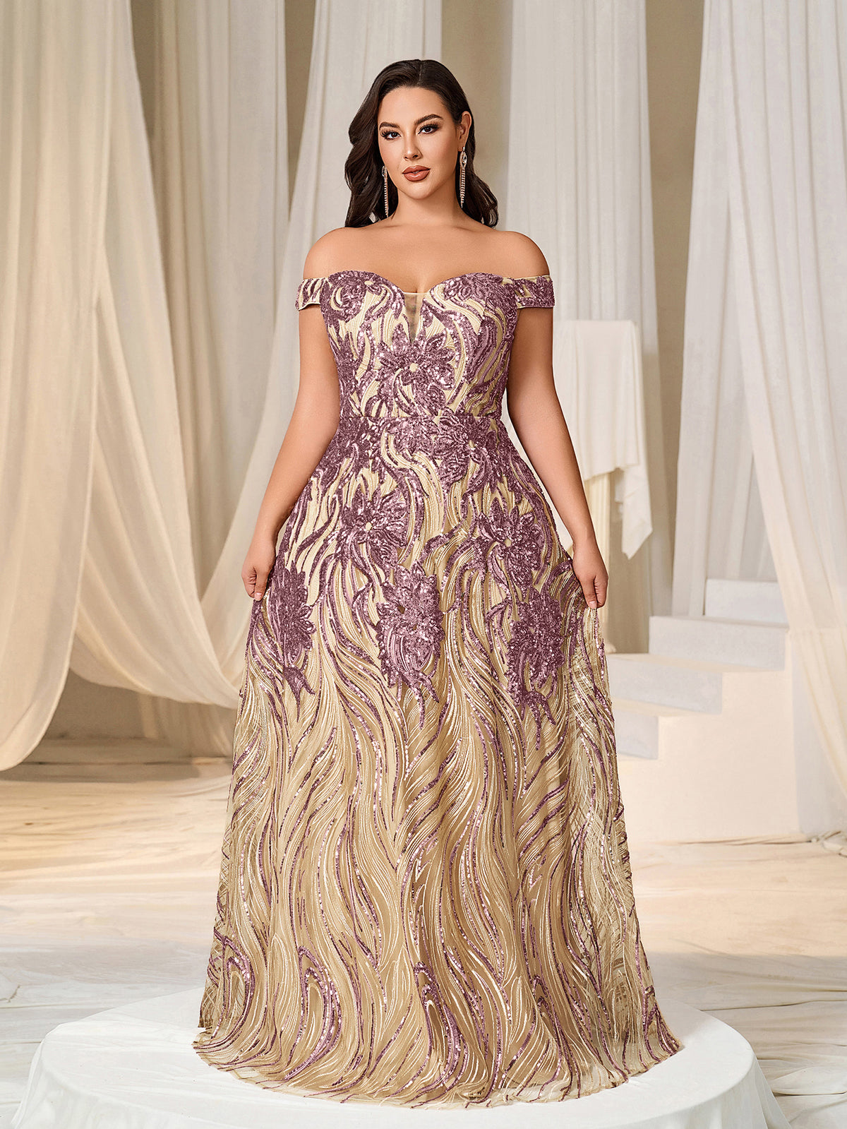 Plus Off Shoulder Graphic Sequin Formal Prom Dress