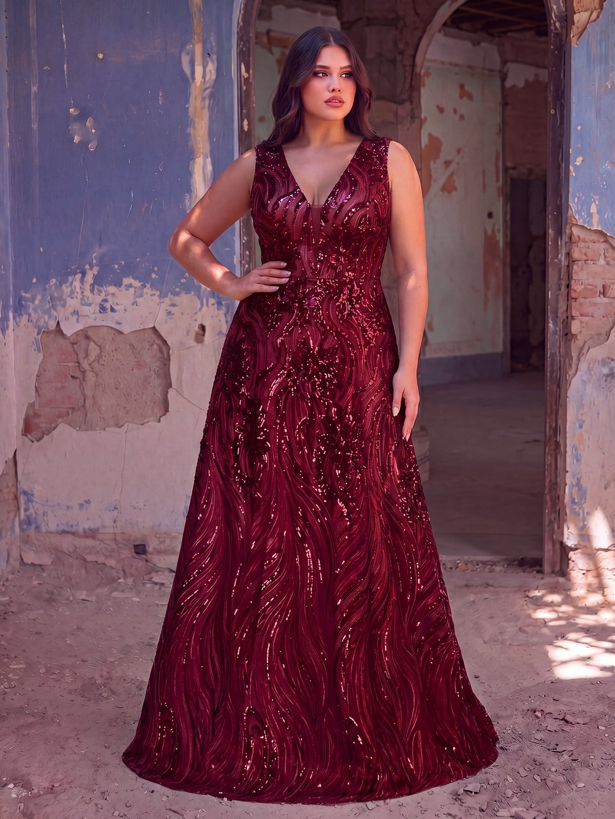 Plus Floral Sequin V Neck Sleeveless A-Line Formal Prom Dress