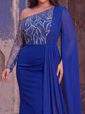 Plus Luxury Sequin One Shoulder Cape Evening Gown | Asymmetric Neckline Maxi Dress with Flowy Sleeves | Formal Party & Prom Dress