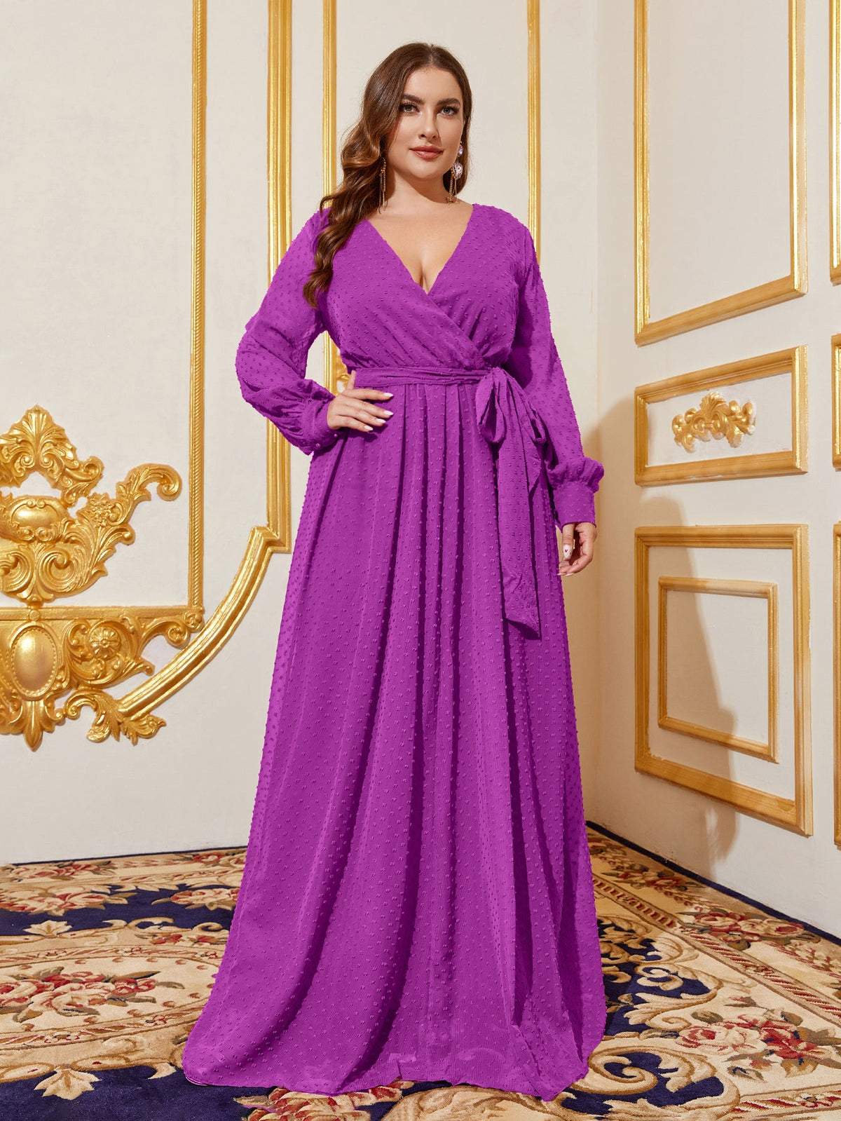 Plus Surplice Neck Long Sleeves Swiss Dot Belted Chiffon Party Dress Curvepretty Plus Surplice Neck Long Sleeves Swiss Dot Belted Chiffon Party Dress Curvepretty