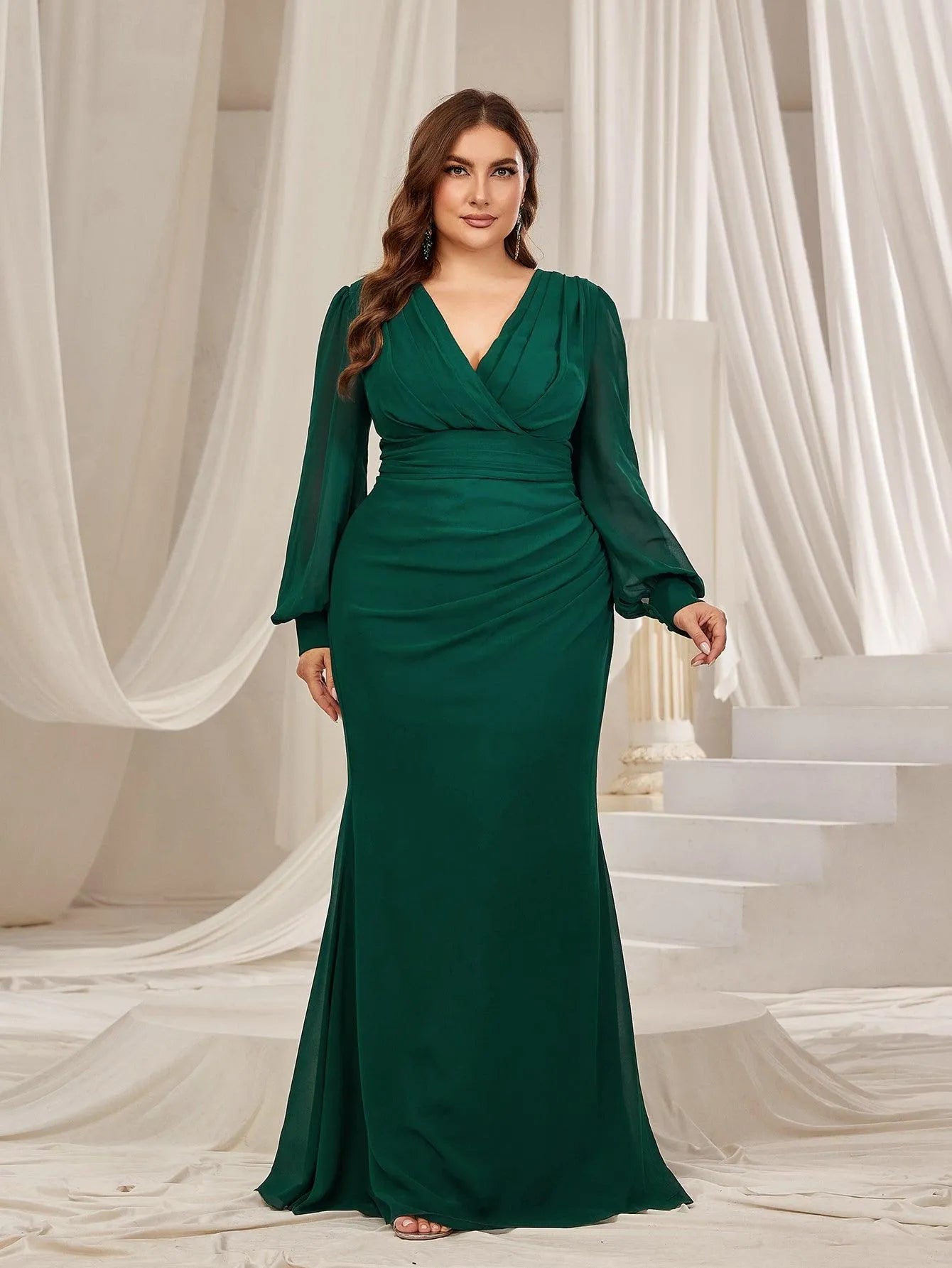 Plus Surplice Neck Lantern Sleeves Chiffon Formal Mermaid Dress Green / 4XL Plus Surplice Neck Lantern Sleeves Chiffon Formal Mermaid Dress Green / 4XL