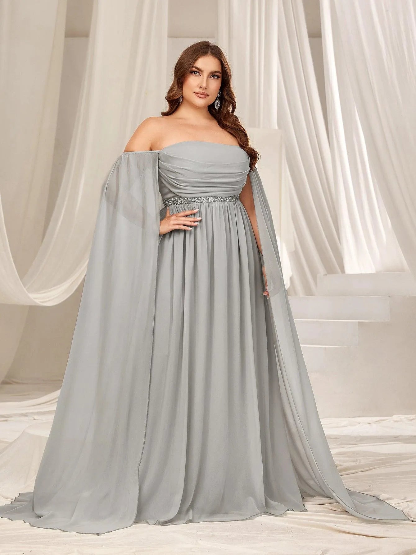 Plus Off Shoulder Extra-Long Sleeves Chiffon Prom Dress Grey / 1XL Plus Off Shoulder Extra-Long Sleeves Chiffon Prom Dress Grey / 1XL