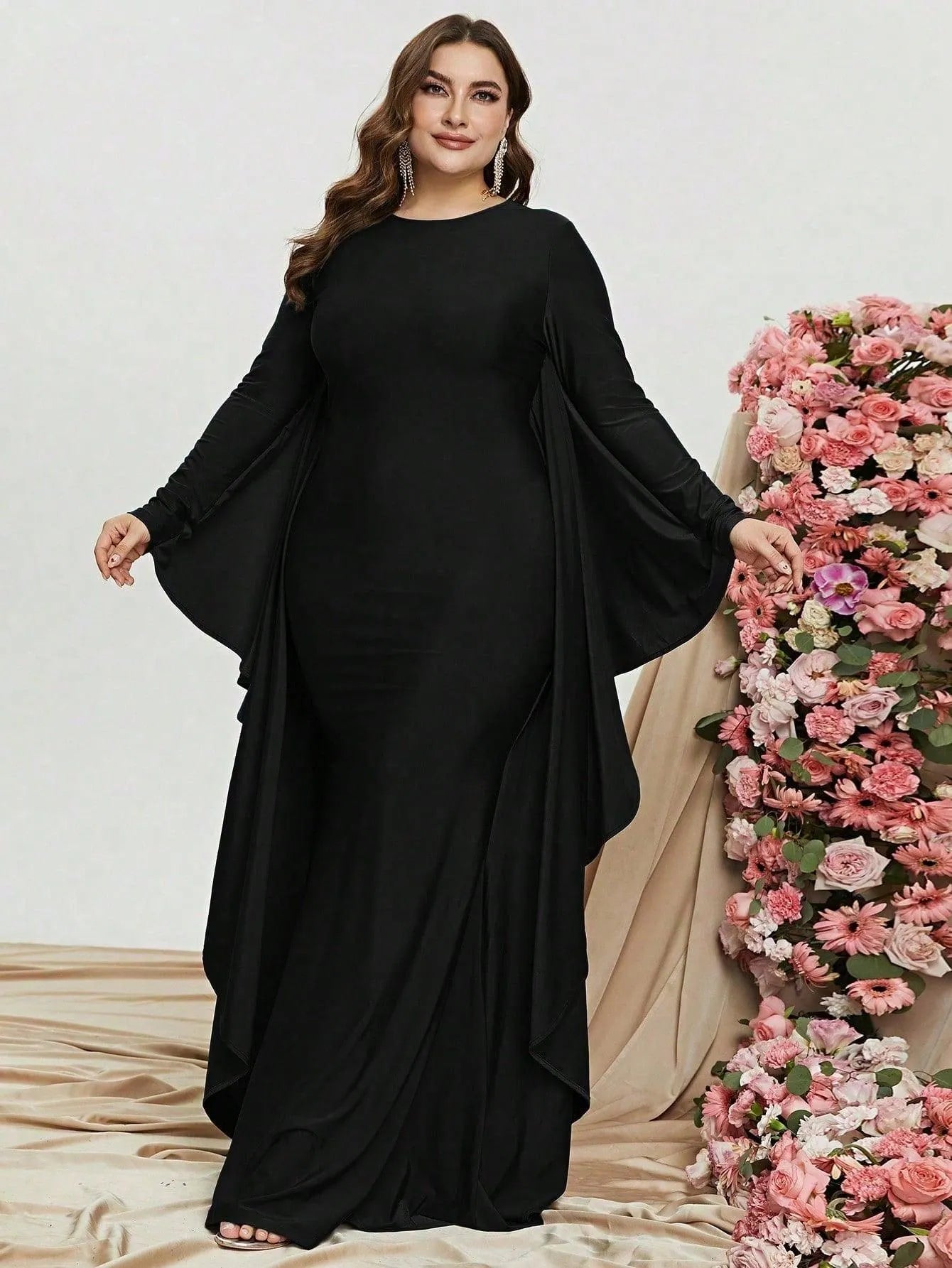 Plus Round Neck Batwing Sleeves Evening Dress – Curvepretty Plus Round Neck Batwing Sleeves Evening Dress – Curvepretty