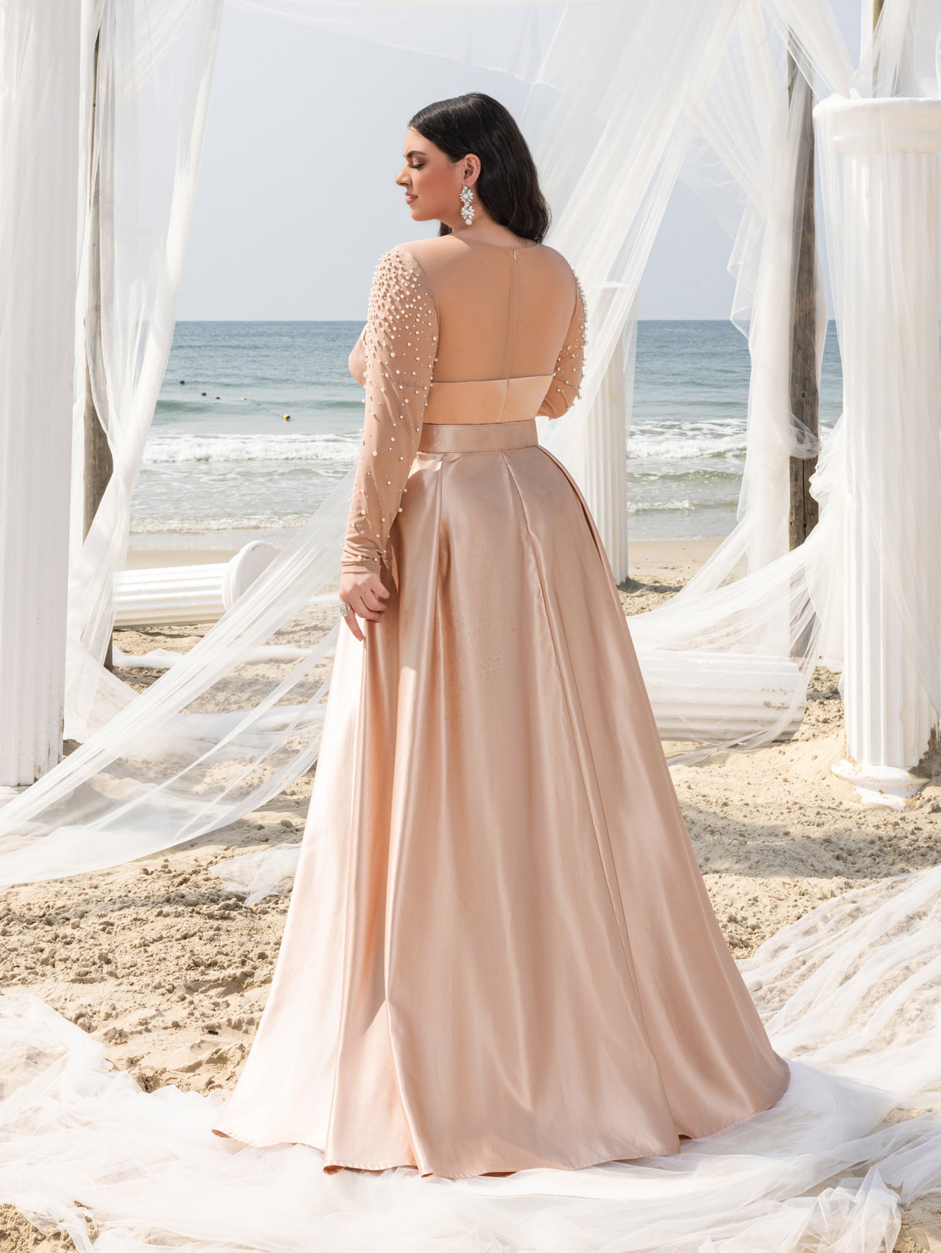 Plus Beaded Sheer Sleeve Formal Dress | Wide Belting | Satin A-Line Champagne / 3XL Plus Beaded Sheer Sleeve Formal Dress | Wide Belting | Satin A-Line Champagne / 3XL