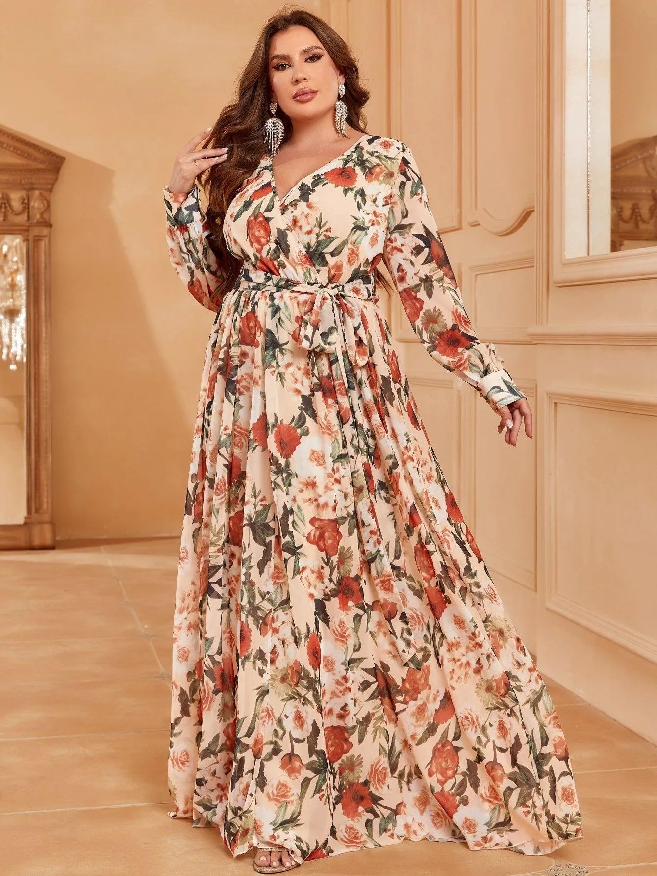 Plus V Neck Long Sleeve Floral Chiffon Belted Dress - Elonnashop