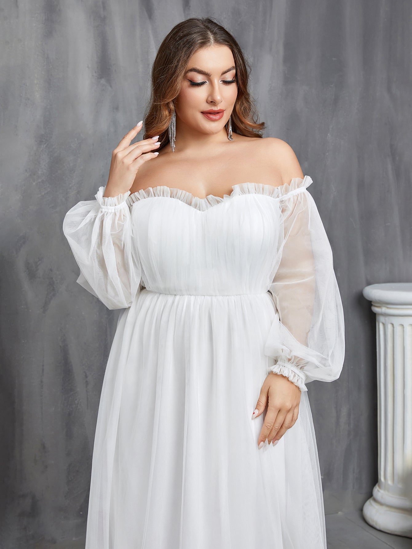 Plus Off Shoulder Lantern Sleeve Mesh Wedding Dress