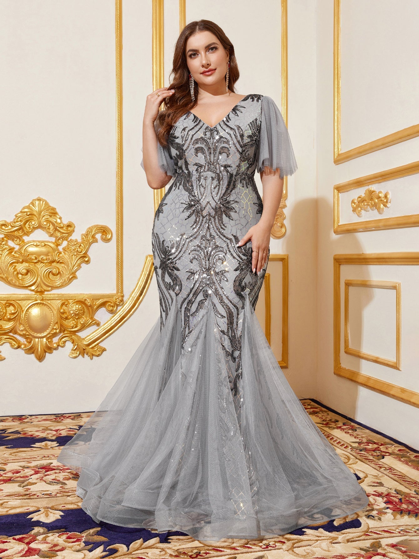 Plus Butterfly Sleeves Mermaid Hem Graphic Sequin Formal Dress Grey / 4XL Plus Butterfly Sleeves Mermaid Hem Graphic Sequin Formal Dress Grey / 4XL