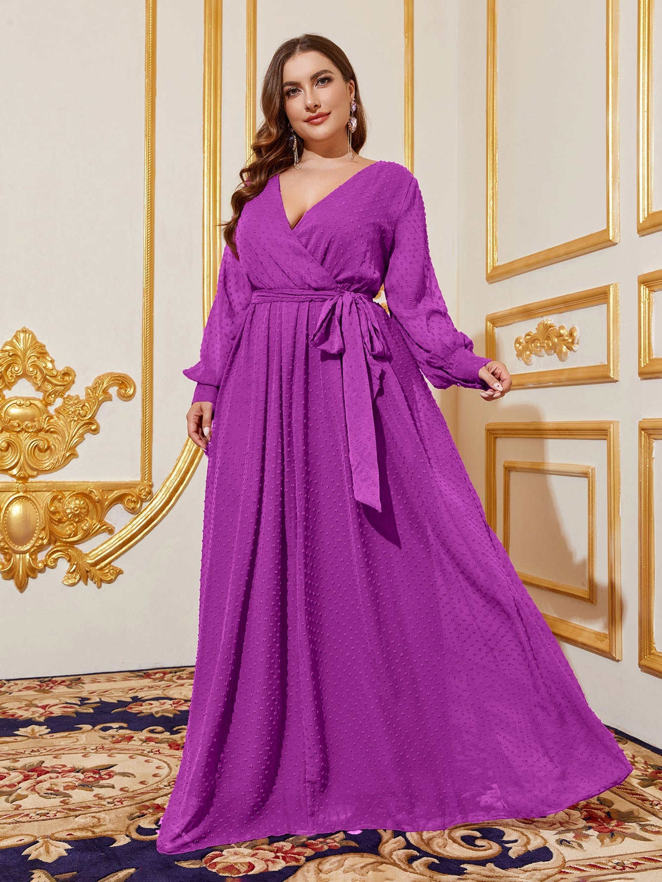 Plus Surplice Neck Long Sleeves Swiss Dot Belted Chiffon Party Dress Purple / 2XL Plus Surplice Neck Long Sleeves Swiss Dot Belted Chiffon Party Dress Purple / 2XL