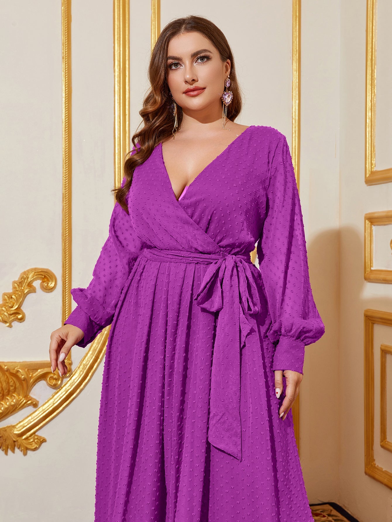 Plus Surplice Neck Long Sleeves Swiss Dot Belted Chiffon Party Dress Purple / 2XL Plus Surplice Neck Long Sleeves Swiss Dot Belted Chiffon Party Dress Purple / 2XL
